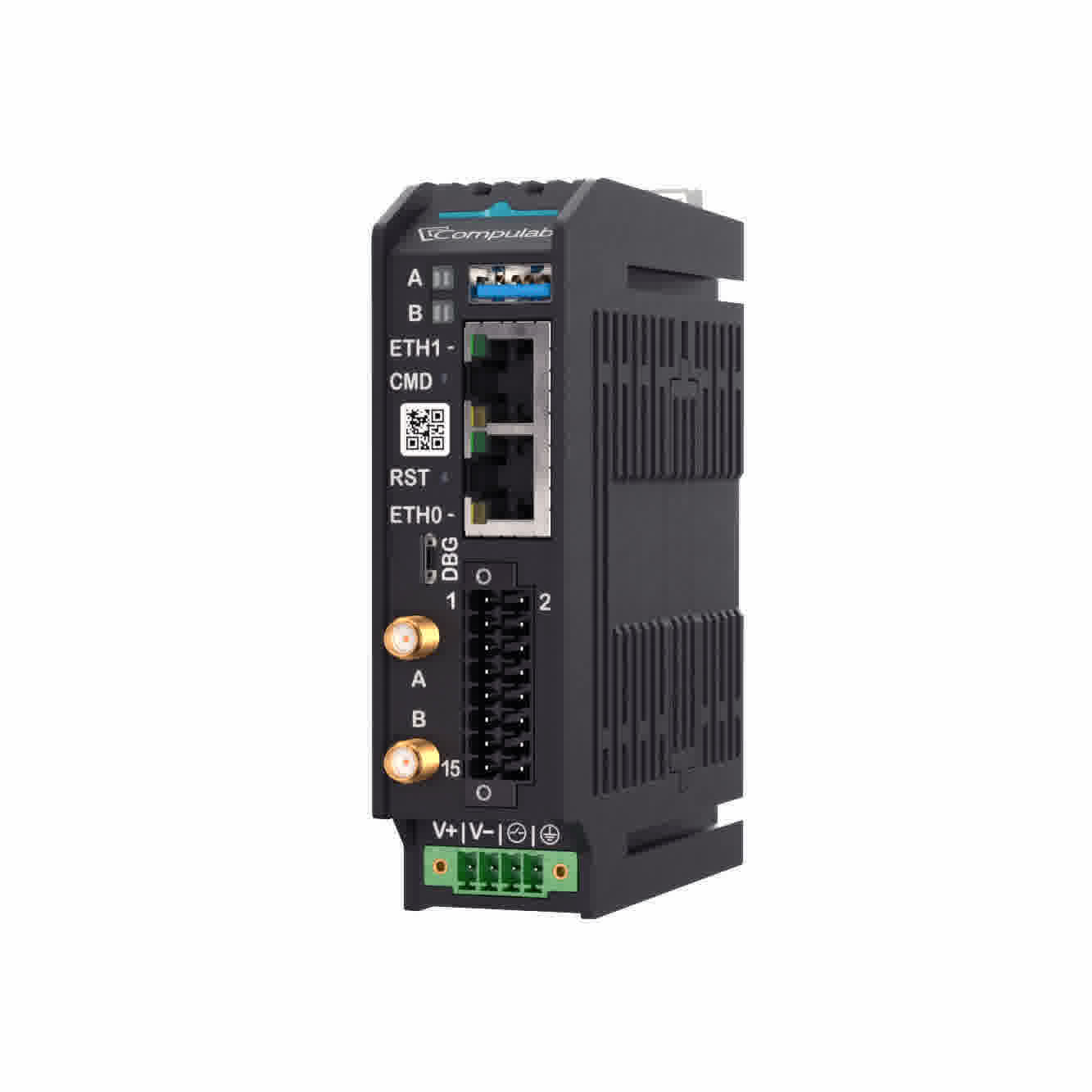 CompuLab IOT-DIN-IMX8PLUS industrial IoT gateway, DIN-rail mount, with dual Ethernet, USB, and pluggable terminal blocks.