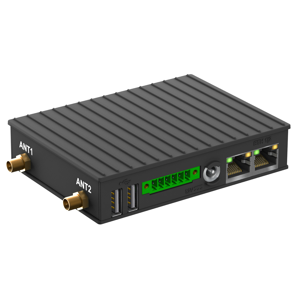 CompuLab IOT-GATE-IMX8PLUS compact industrial IoT gateway with dual Ethernet, USB, and antenna ports.
